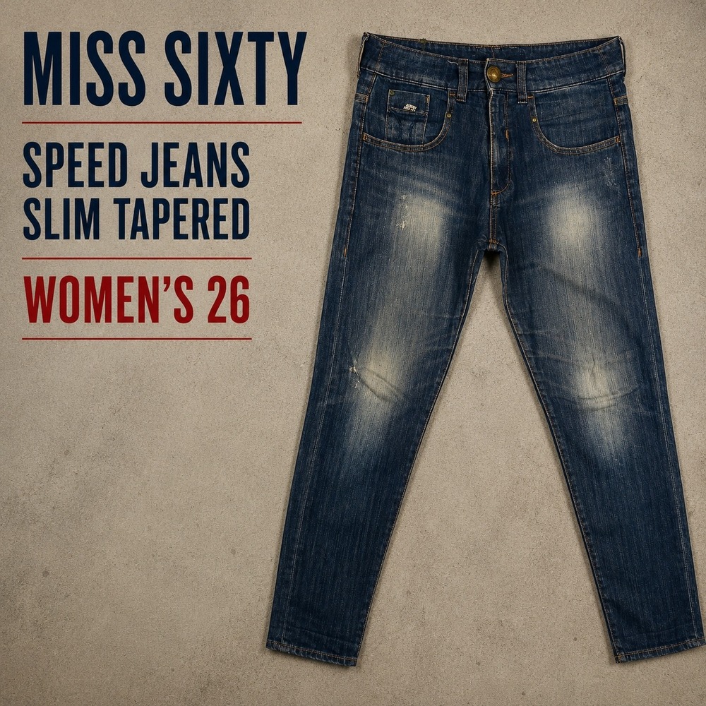 MISS SIXTY Speed Jeans Womens 26x30 Dark Wash Aged Distressed Tapered Slim Denim